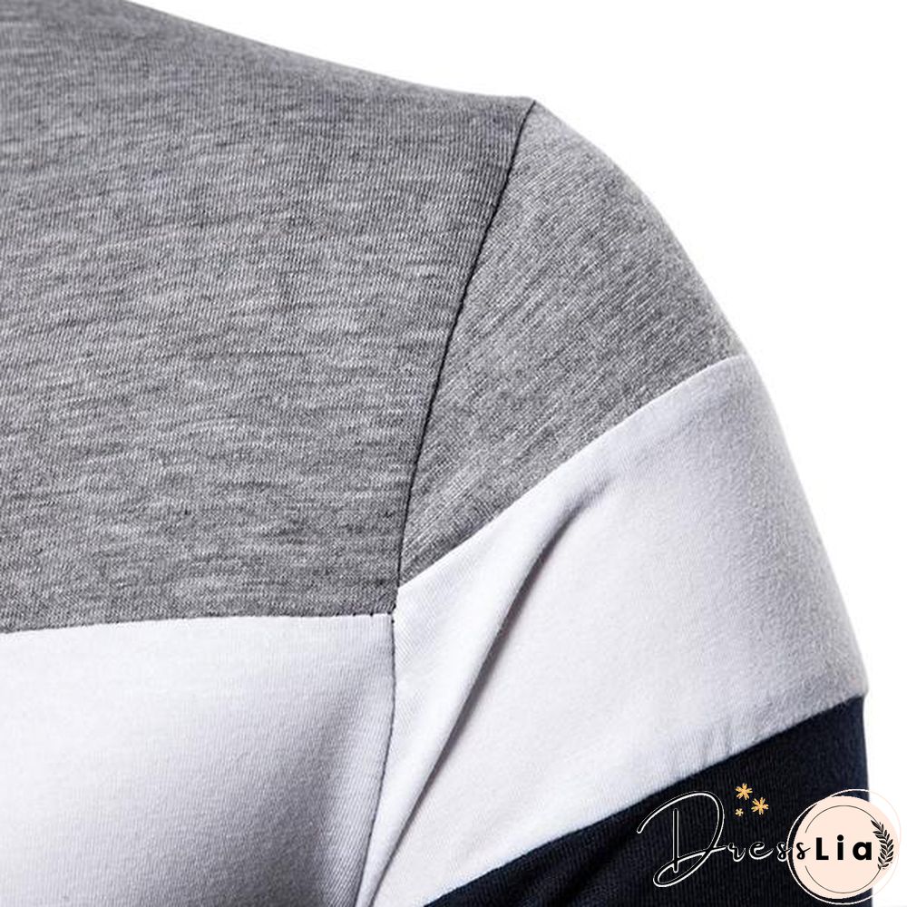 Fashion Men Lapel Long Sleeve Tri-color Striped Stitching Shirts