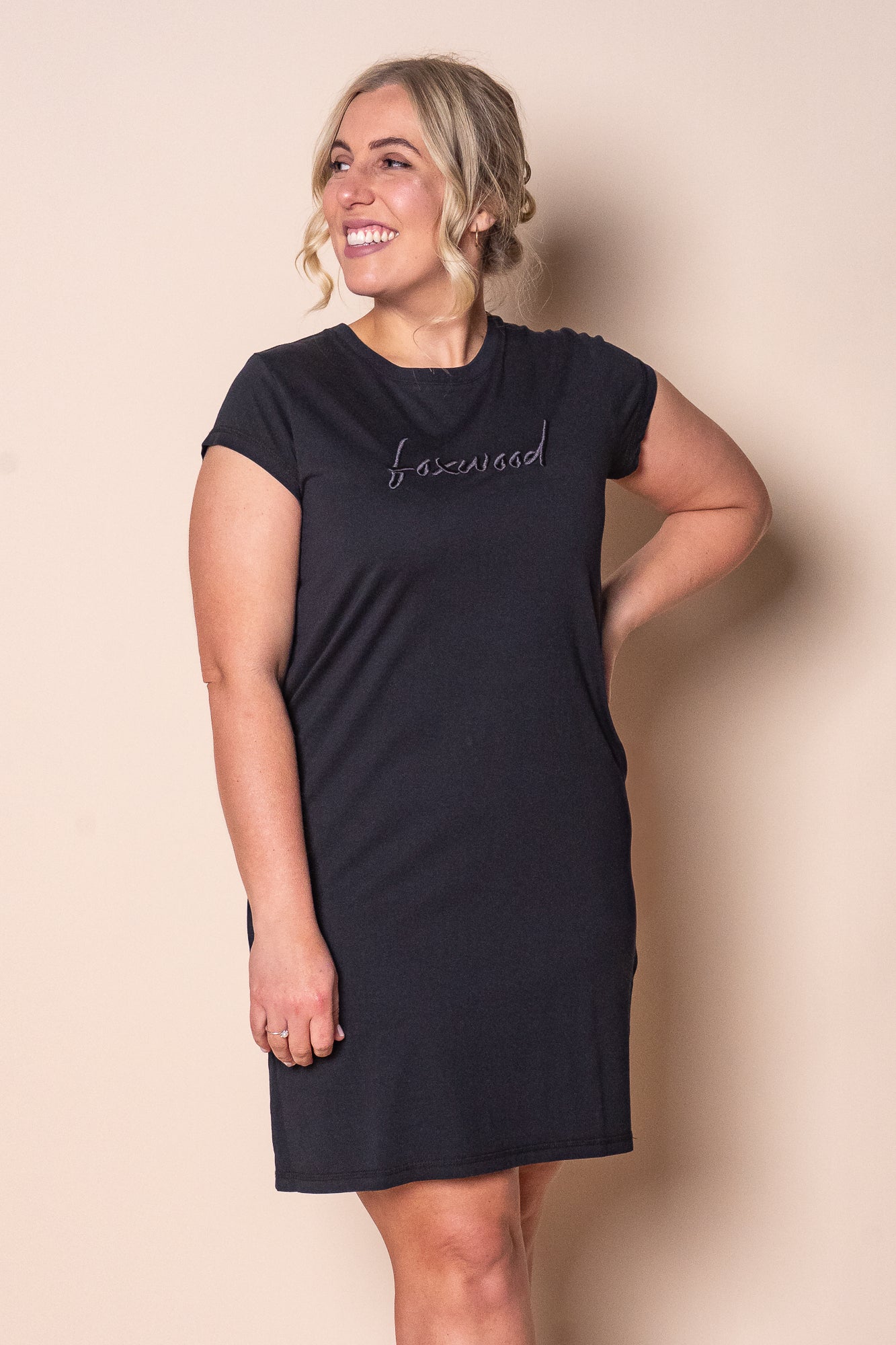 Signature Embroidery Tee Dress in Black - Foxwood