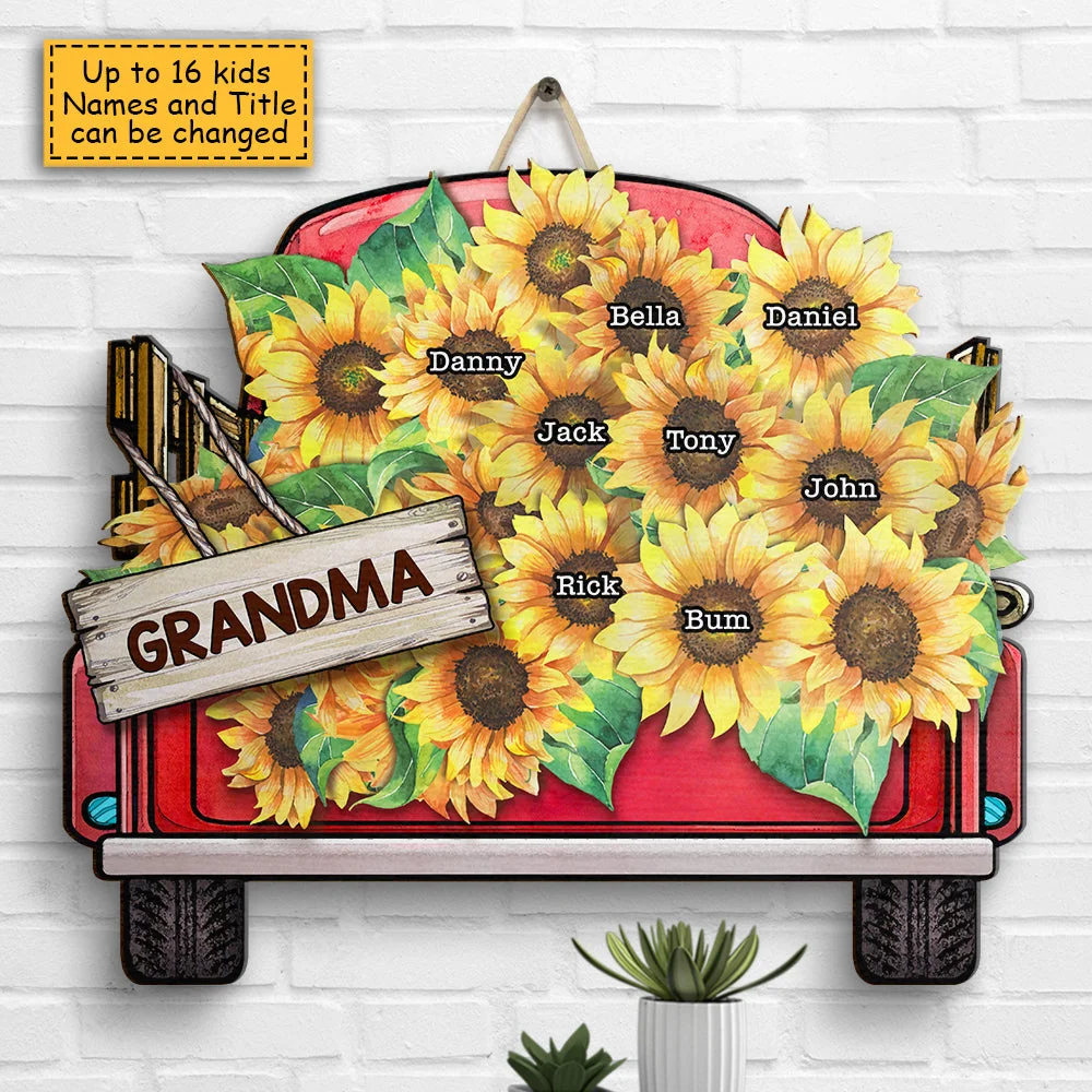 Grandma With Kids Sunflower - Gift For Mom, Grandma - Personalized Shaped Wood Sign