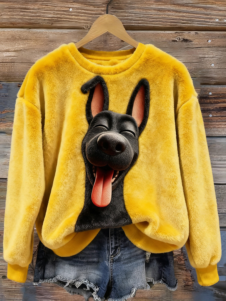 Cute Happy Dog Pattern Cozy Plush Sweatshirt elevenforest