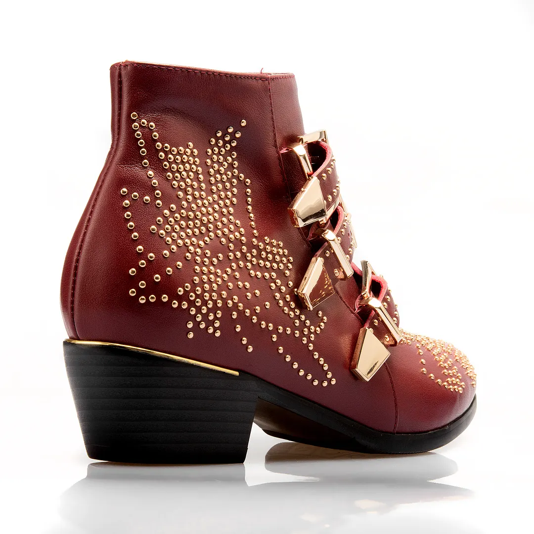 Women's Rivets Metal Buckle Low Heels Ankle Boots-vocosishoes