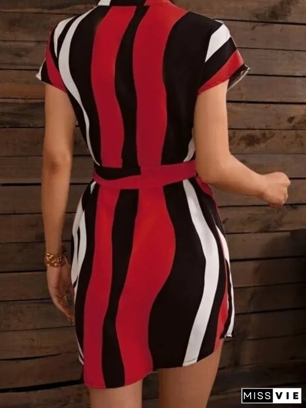 Women's Dresses V-Neck Striped Short Sleeve Belt Dress