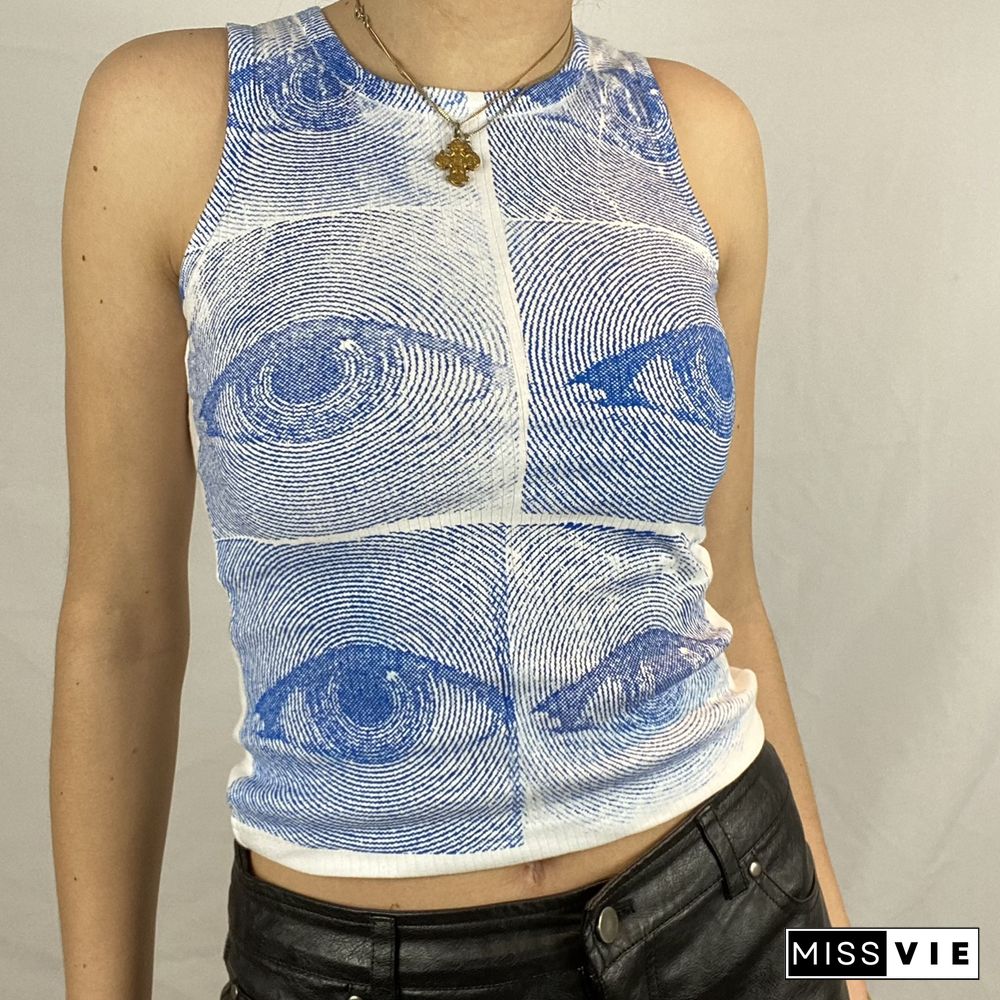 Women Trendy Portrait Letter Printed Tank Tops Summer Vest Female Round Neck Sleeveless Slim Fit Crop Tops