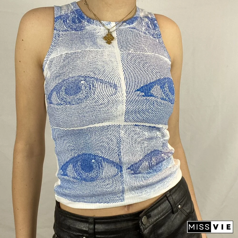 Women Trendy Portrait Letter Printed Tank Tops Summer Vest Female Round Neck Sleeveless Slim Fit Crop Tops