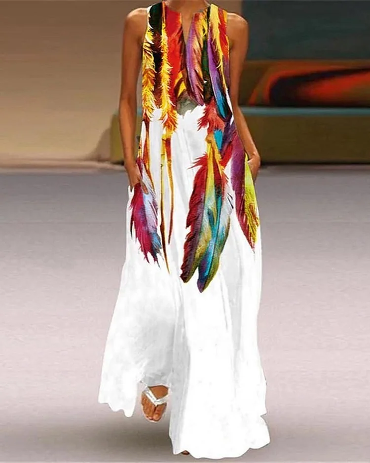 Colorful Feather Print Pocket Decor Maxi Dress