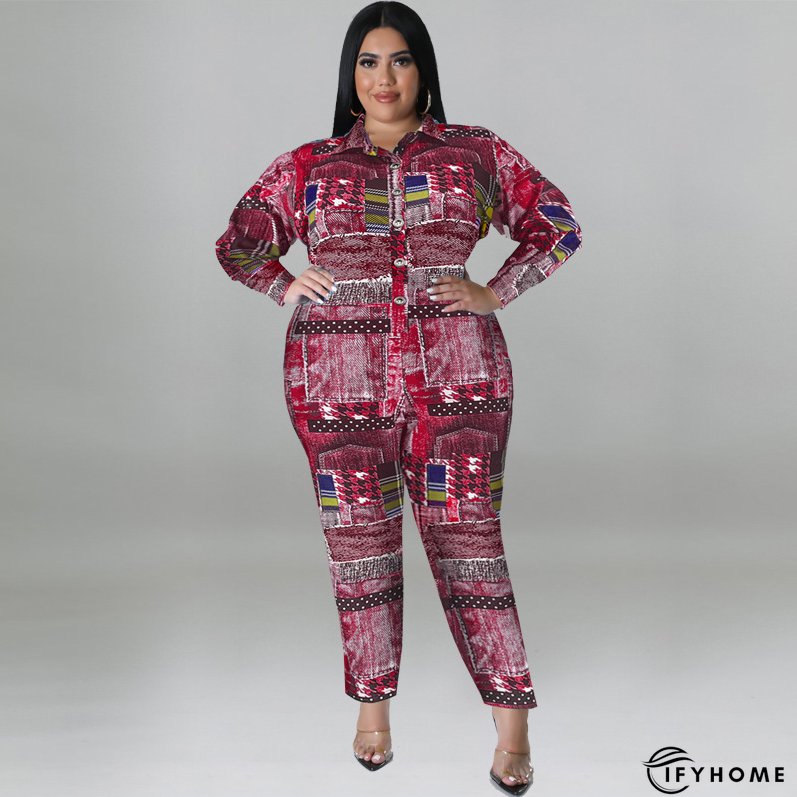 Plus Size Women's Fall Print Long Sleeve Jumpsuit | IFYHOME