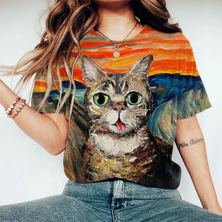 Spoof The Scream Kitten Oil Painting Art Print T-shirt socialshop