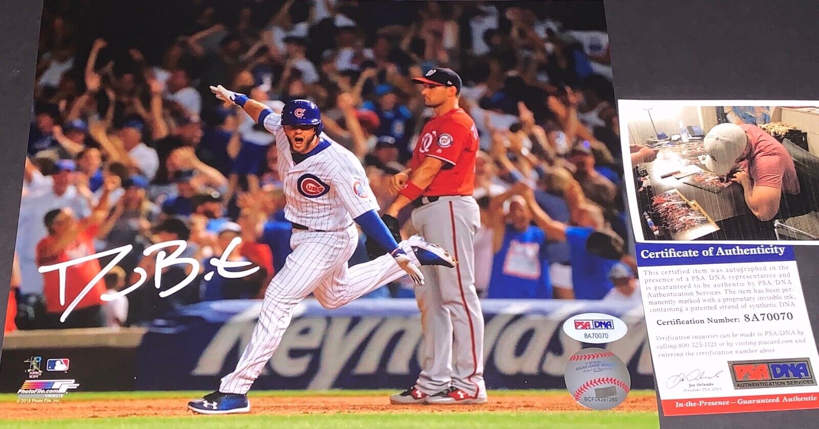 David Bote Cubs Signed 8x10 Photo Poster painting PSA WITNESS COA Walk off Grand Slam 5