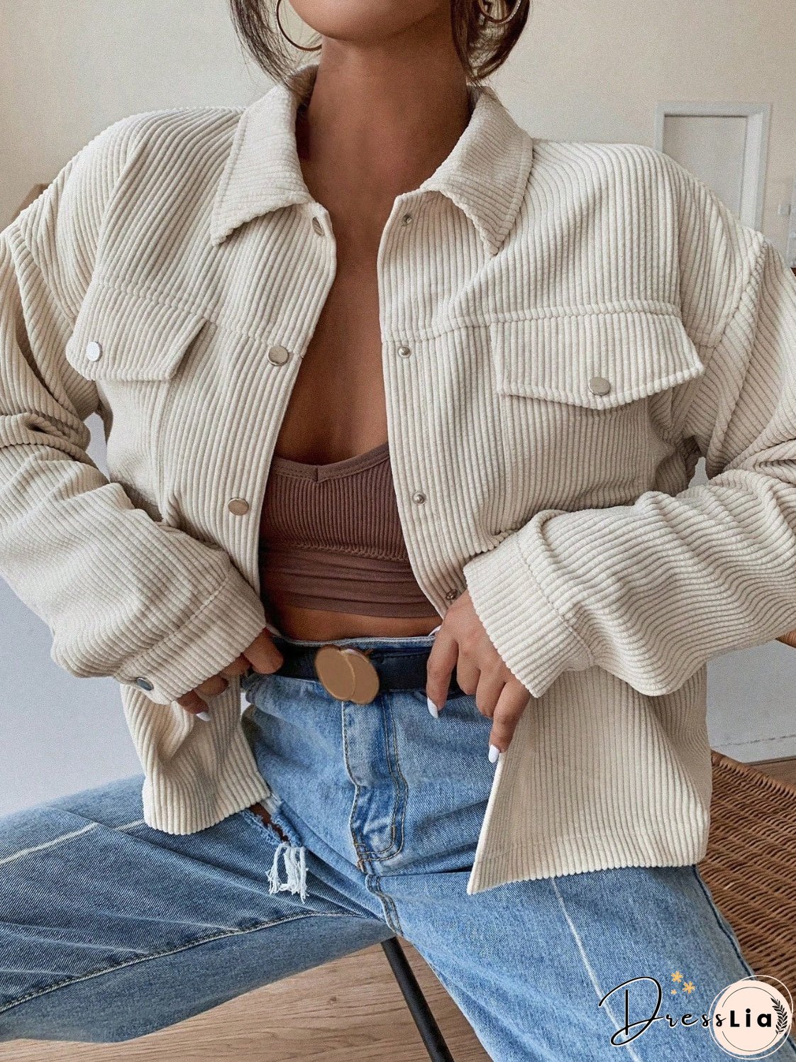 Honey Pocketed Collared Neck Snap Down Jacket