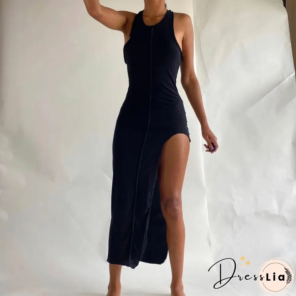 Women Summer Patchwork Bodycon Solid Color Sleeveless Split Long Tank Dress  Female Clothing Streetwear