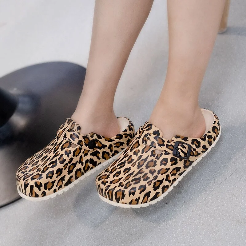 Canrulo Women Classic Anti Bacteria Surgical Medical Shoes Safety Closed Toe Leopard Mule Clogs Slippers Cleanroom Work Slides Ladies