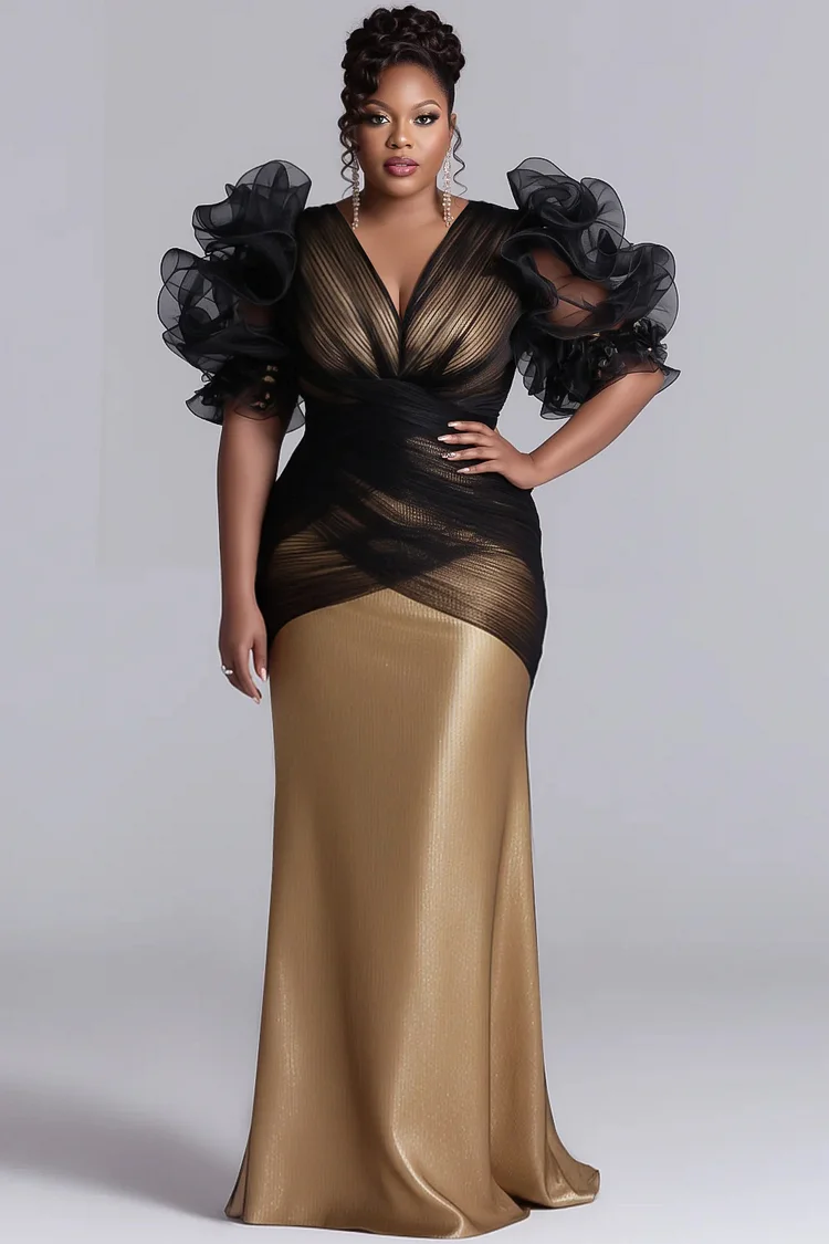 Xpluswear Design Plus Size Formal Gold Colorblock V Neck Puff Sleeve Half Sleeve Ruffled Elegant Ruffle Satin Tulle Maxi Dresses 2024 - Xpluswear