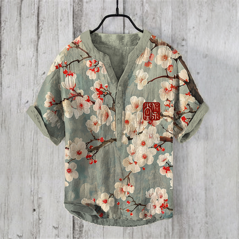 menweary Retro Flower Blossom Japanese Art Linen Blend Cozy Shirt