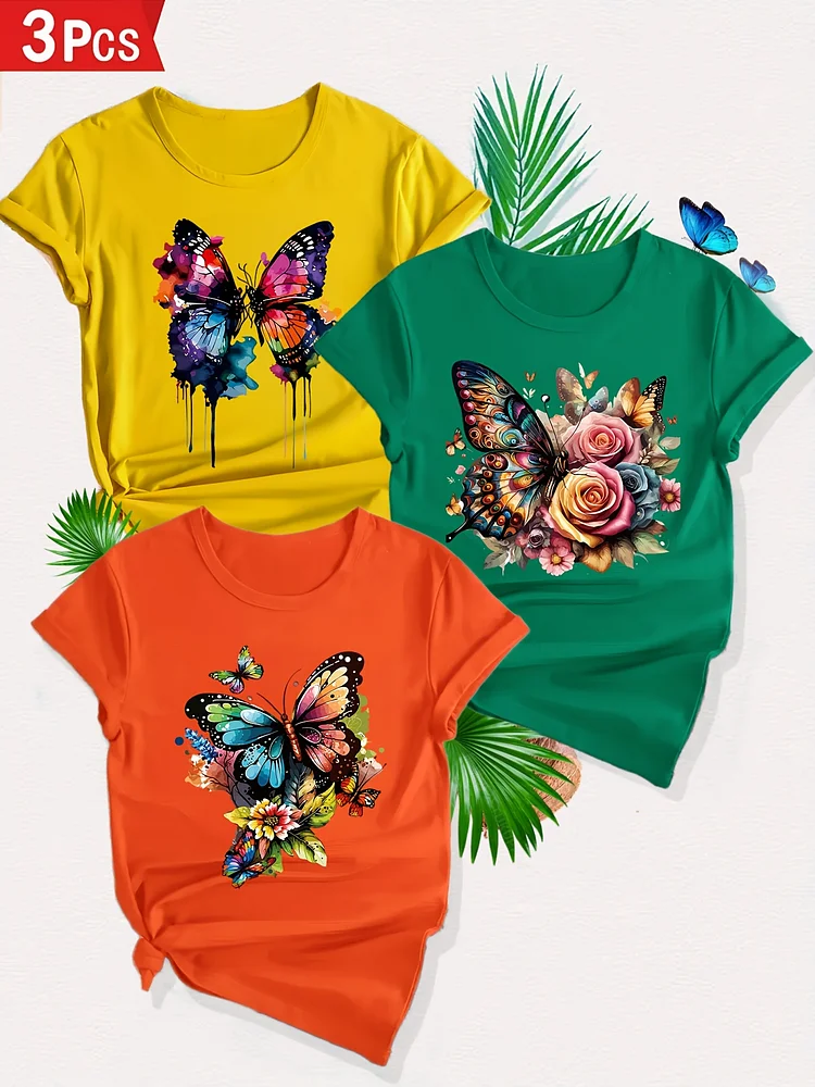 3pcs Women's Short Sleeve T-Shirts - Colorful Butterfly & Floral Print, Vibrant Yellow/Red/Orange, Lightweight Breathable Fabric, Machine Washable Spring Summer Casual Tees, Cute T Shirts, Everyday Comfort Apparel, Elegant Pattern Design