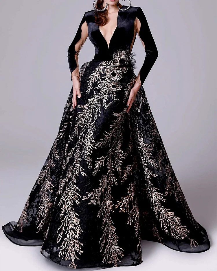 Gown maxi dress embroidered brocade