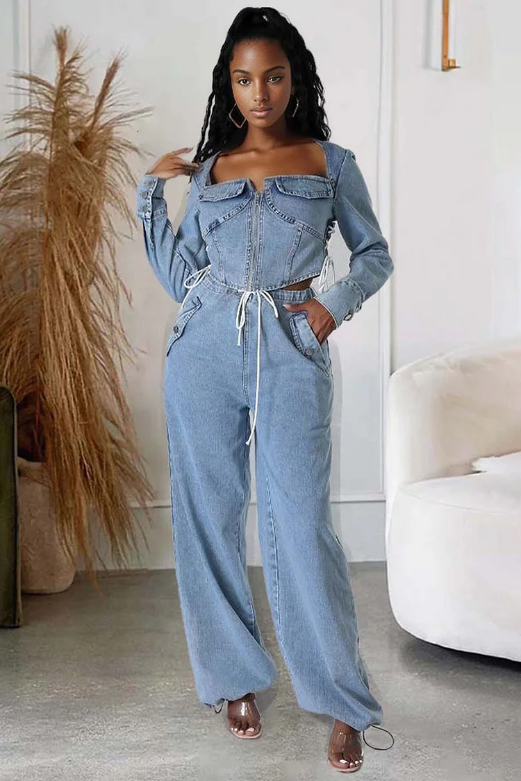 Denim Corset Long Sleeve Crop Top Pocket Straight Leg Pants Matching Set-Blue [Pre Order]