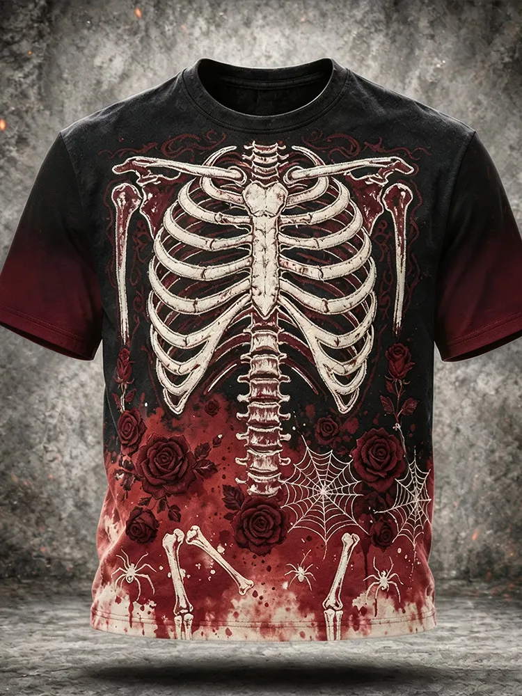 Men's Gothic Skull Rib Red Rose Spiderweb Blood Splatter Gradient Short-sleeve T-shirt