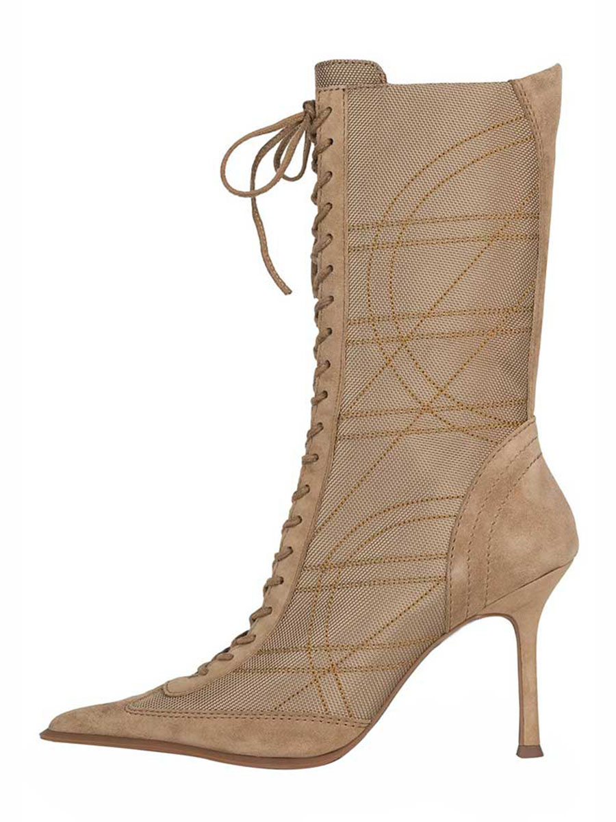 Beige Vegan Suede Patchwork Pointed Toe Mid-Calf Lace Up Boots