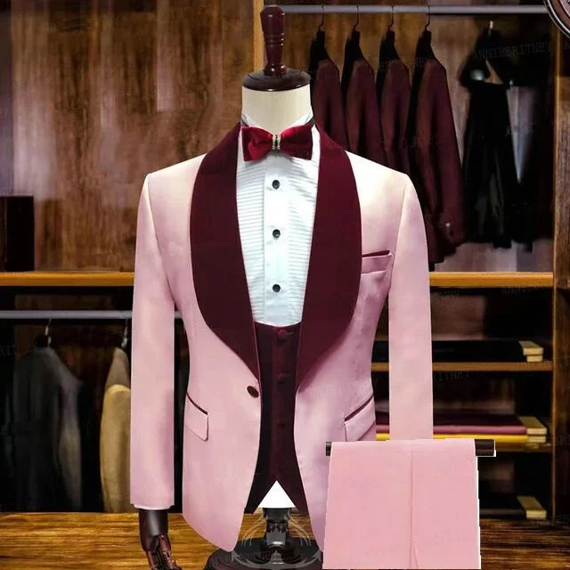 Miabel Stylish Slim Fit Candy Pink  Shawl Lapel Men Suits For Wedding