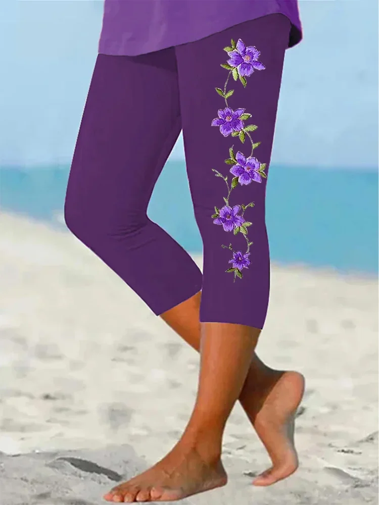 Women's Purple Flower Alzheimer's Awareness Support Cropped Leggings