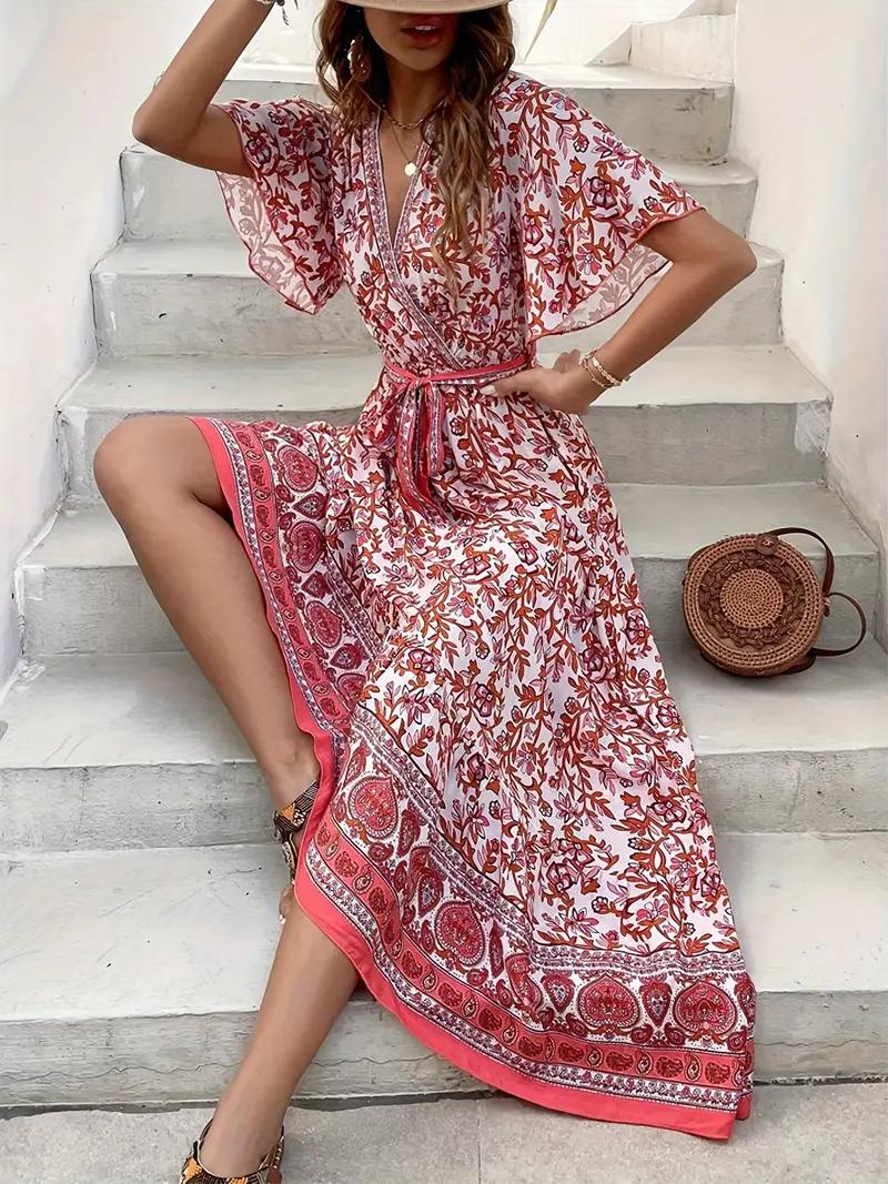 Maxikleid Damen Blumenmuster V-Ausschnitt Bindegürtel Kurzarm Fließend Sommerkleid Bequem Luftig Bohemian Stil-82359-977732dd-4424-4f15-a1fb-9efdc651999a