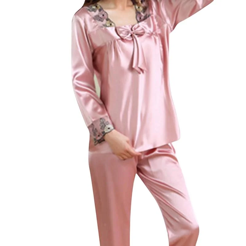 2 Piece Autumn Women Sleepwear Faux Silk Satin Pajamas Set Long Sleeve Sleepwear Pajamas Suit Female Homewear