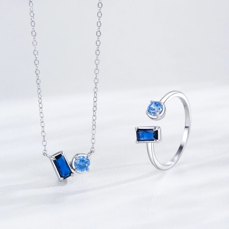 New S925 Sterling Silver Elegant Sapphire Square Round Diamond Ear Stud Necklace Ring Fashion Temperament Jewelry Suit