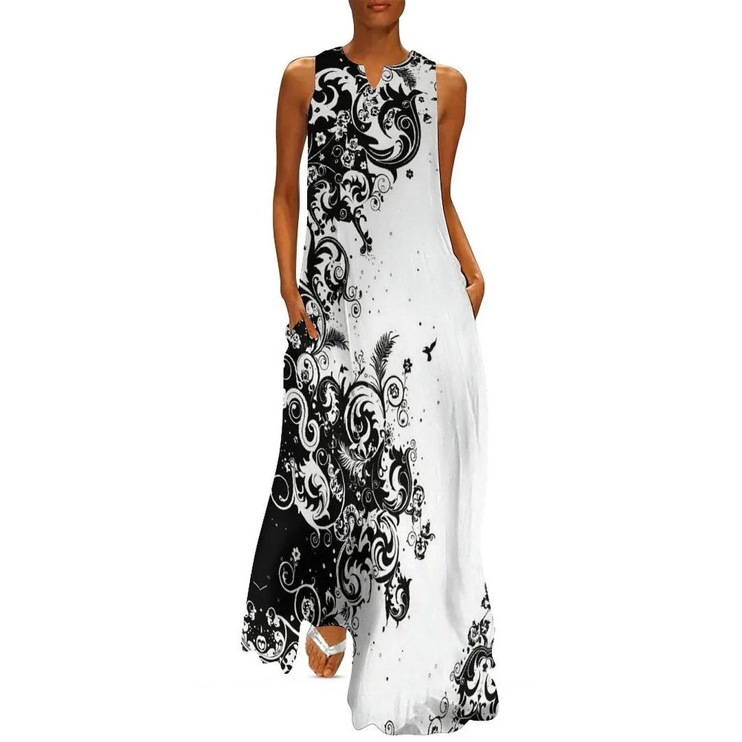 Style & Comfort for Mature Women Plus Size Printed Sleeveless Casual Women Maxi Dress with Pockets in Pattern Black, Floral, White