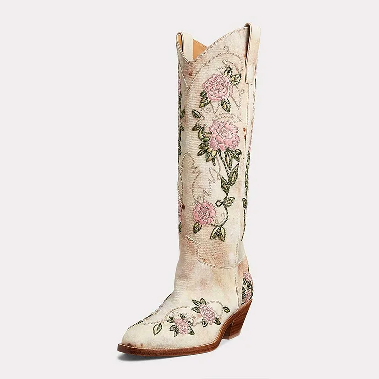 Beige Denim Closed Toe Floral Embroidery Chunky Heel Knee High Boots |FSJ Shoes