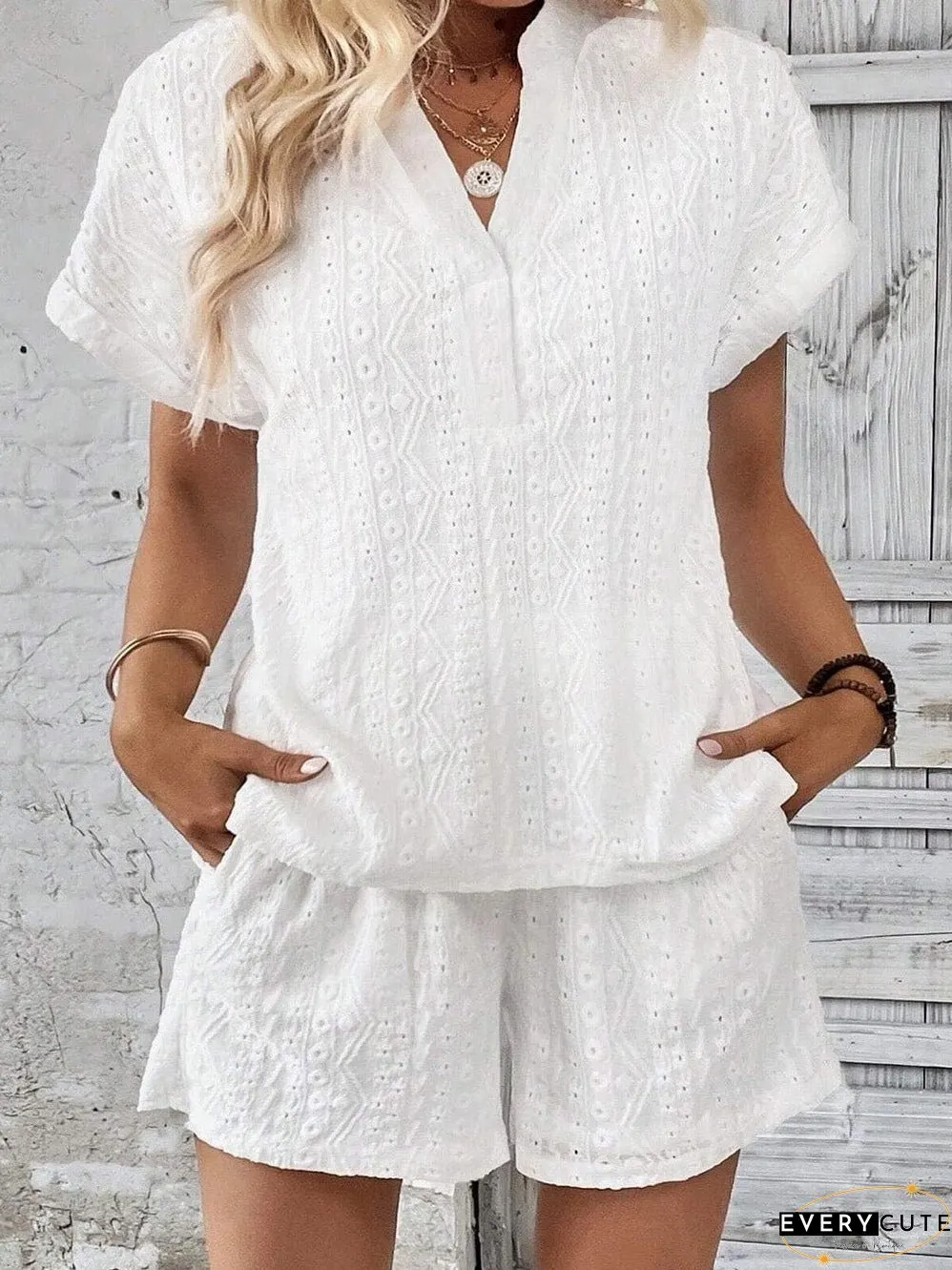 White Eyelet Jumpsuit with Pockets