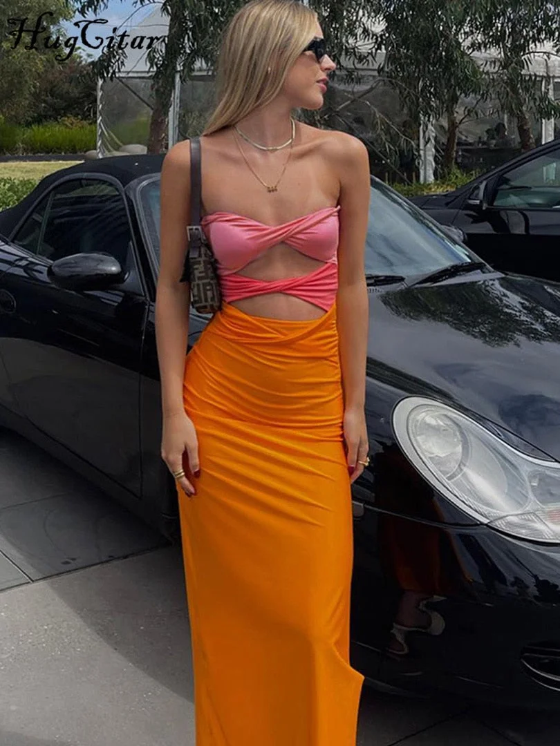 Hugcitar Color Block Strapless Hollow Out Pleated Sexy Maxi Dress Bodycon 2022 Summer Women Outfits Beachwear Elegant Party