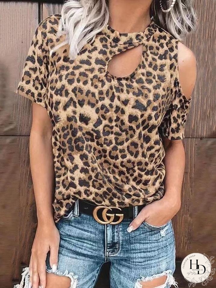 Trendy Leopard Print Cold Shoulder T-Shirt