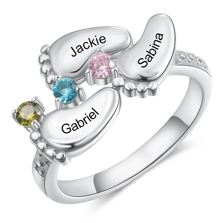 Baby Feet Ring with 3 Birthstones Mothers Ring Engraved 3 Names