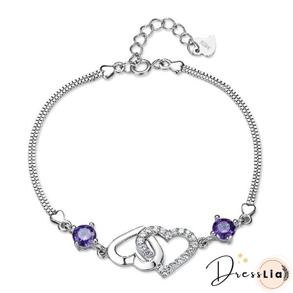 925 Silver Ladies Natural Amethyst Heart-shaped Bracelet Fashion Micro-inlaid Hollow Heart-shaped Zircon Bracelet