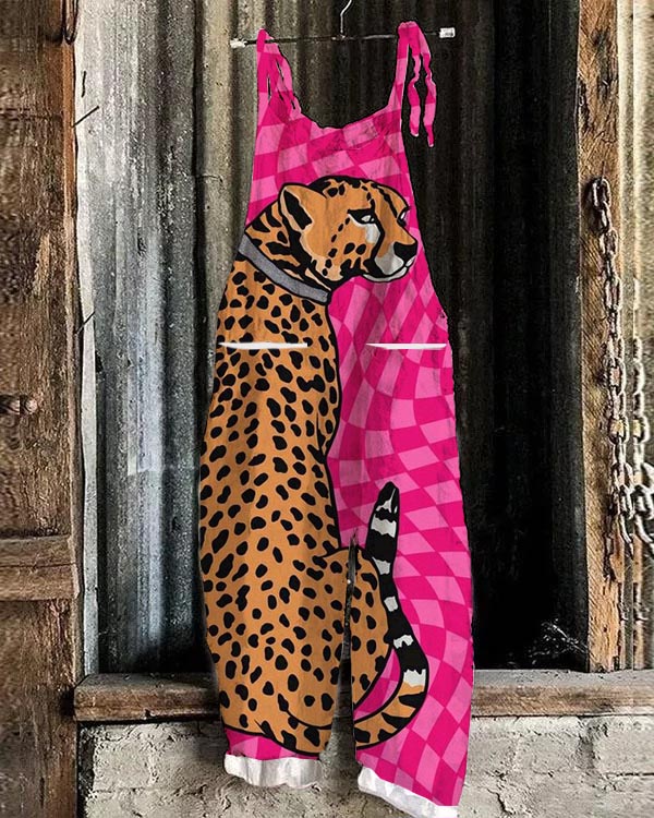 Pink Plaid Cheetah Print Casual Jumpsuit