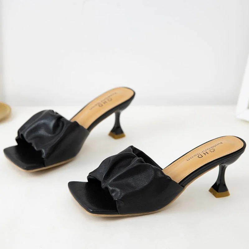 2021 Women Slippers Pleated Summer Light Sexy Open Toe Solid Color Sandals Stiletto Heels Women Luxury Prom Woman Black Shoes
