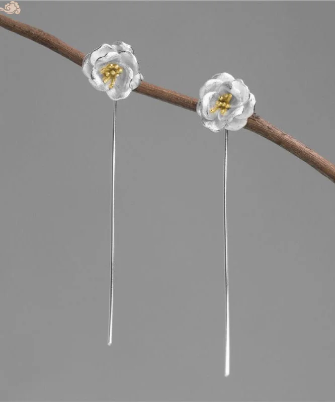 Brief Silk Sterling Silver Camellia Flower Tassel Drop Earrings