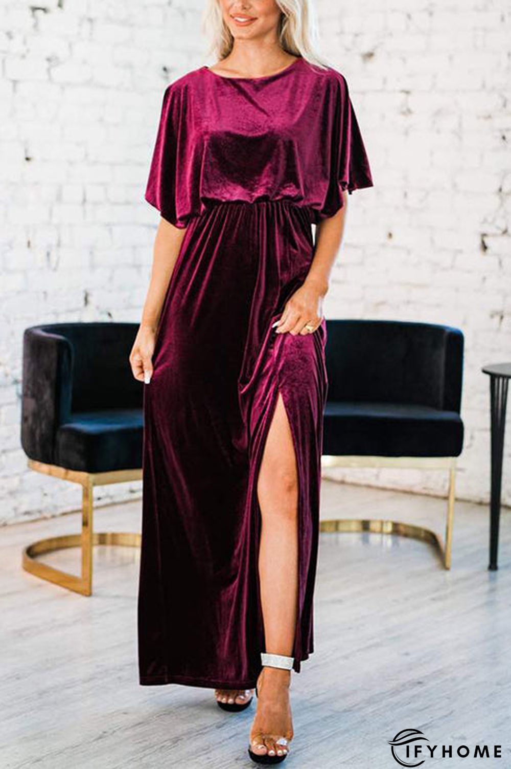 Velvet Wlastic Waist Slit Maxi Dress | IFYHOME