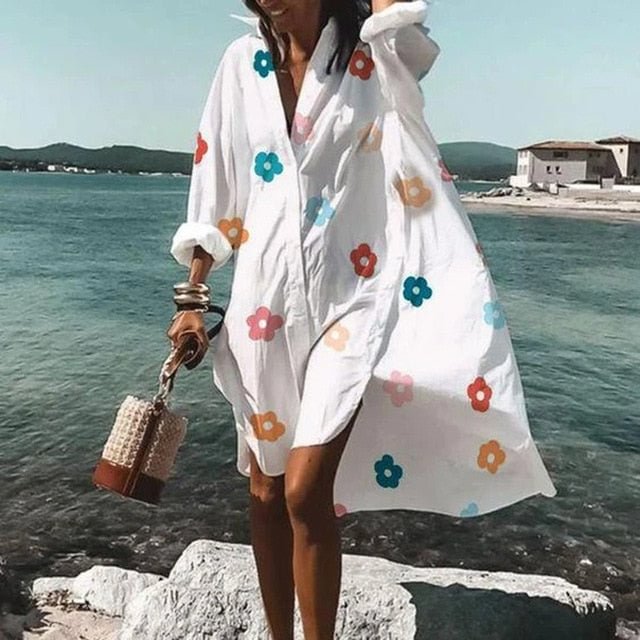 New Fall Summer Women V Neck Button Print Dress Casual Elegant Long Sleeves Irregular Shirt Dress Loose Sexy Beach Party Dresses - BlackFridayBuys