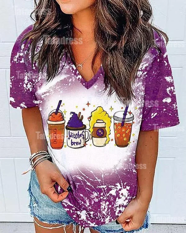Halloween Witches Brew Bleached V-Neck T-Shirt Tee - Purple