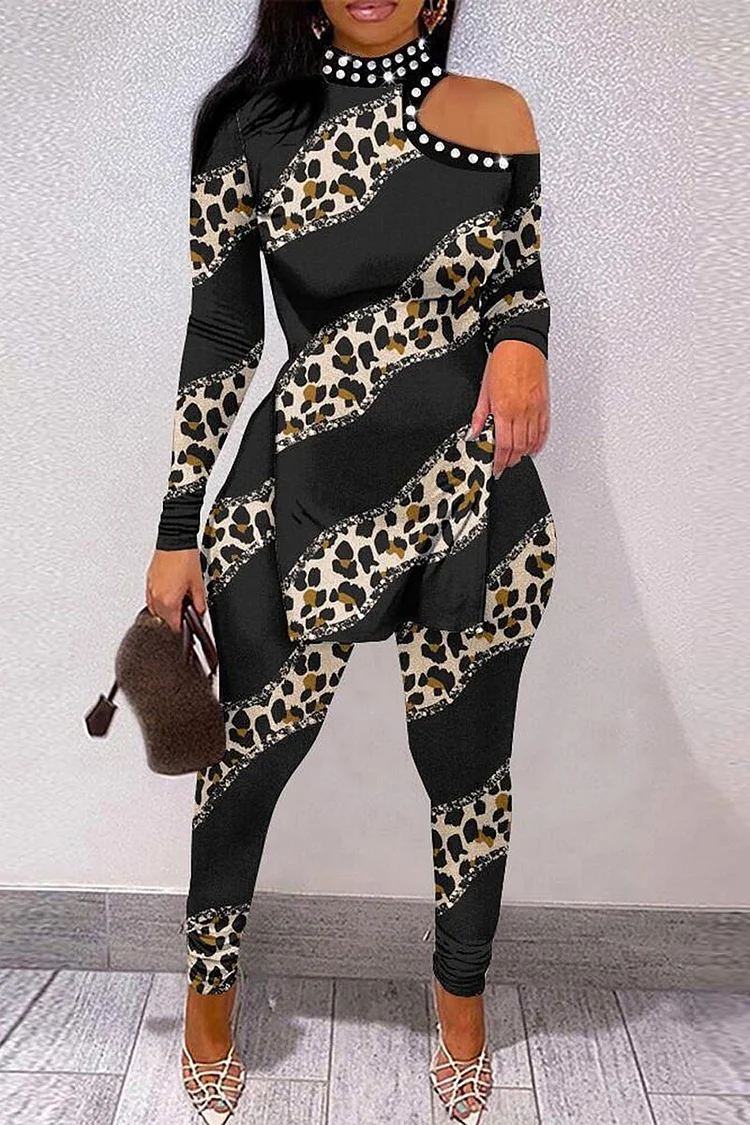 Leopard Print Sequins Long Sleeve Slit Top Leggings Party Two-Piece Set