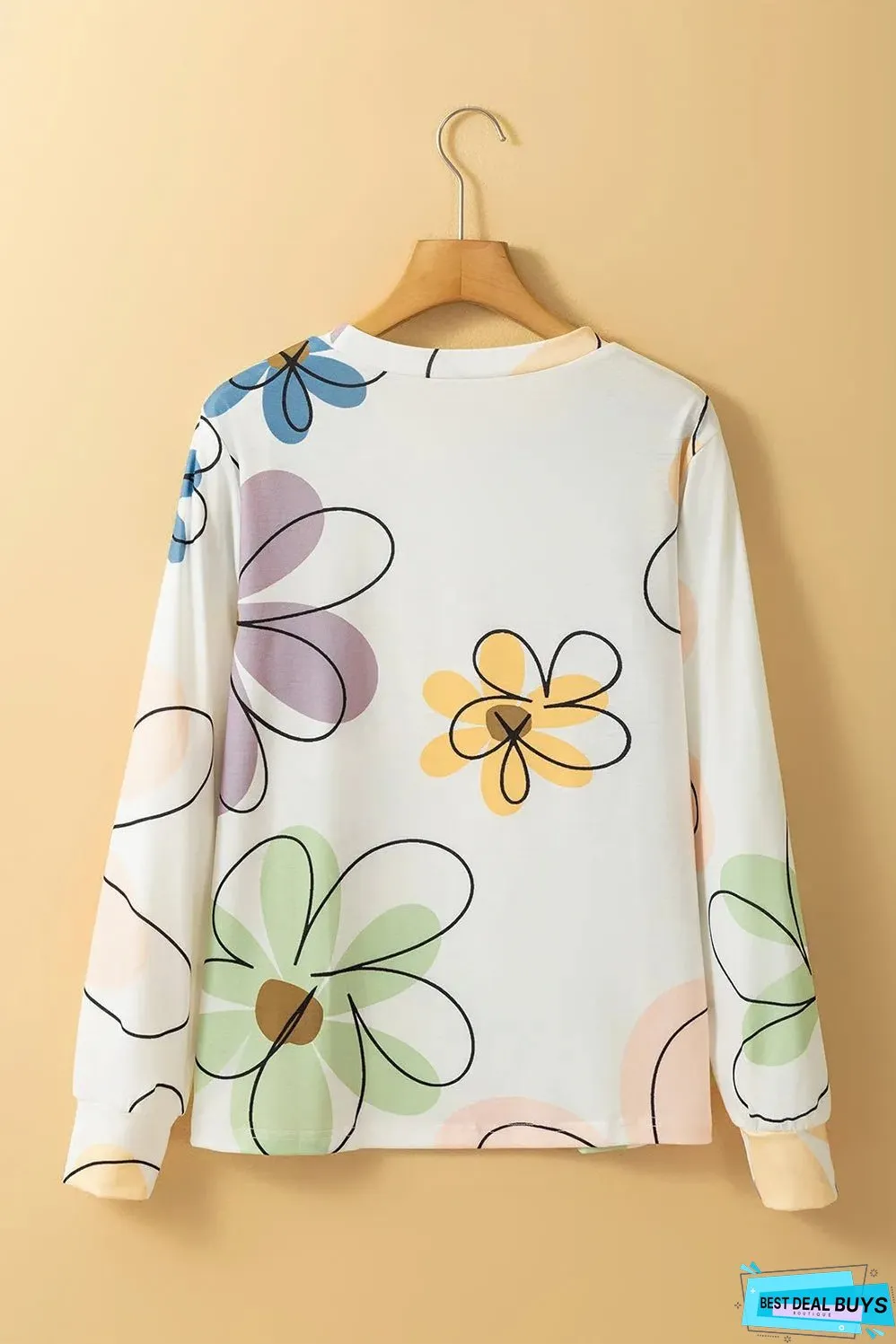 Beige Flower Print Crew Neck Long Sleeve T Shirt