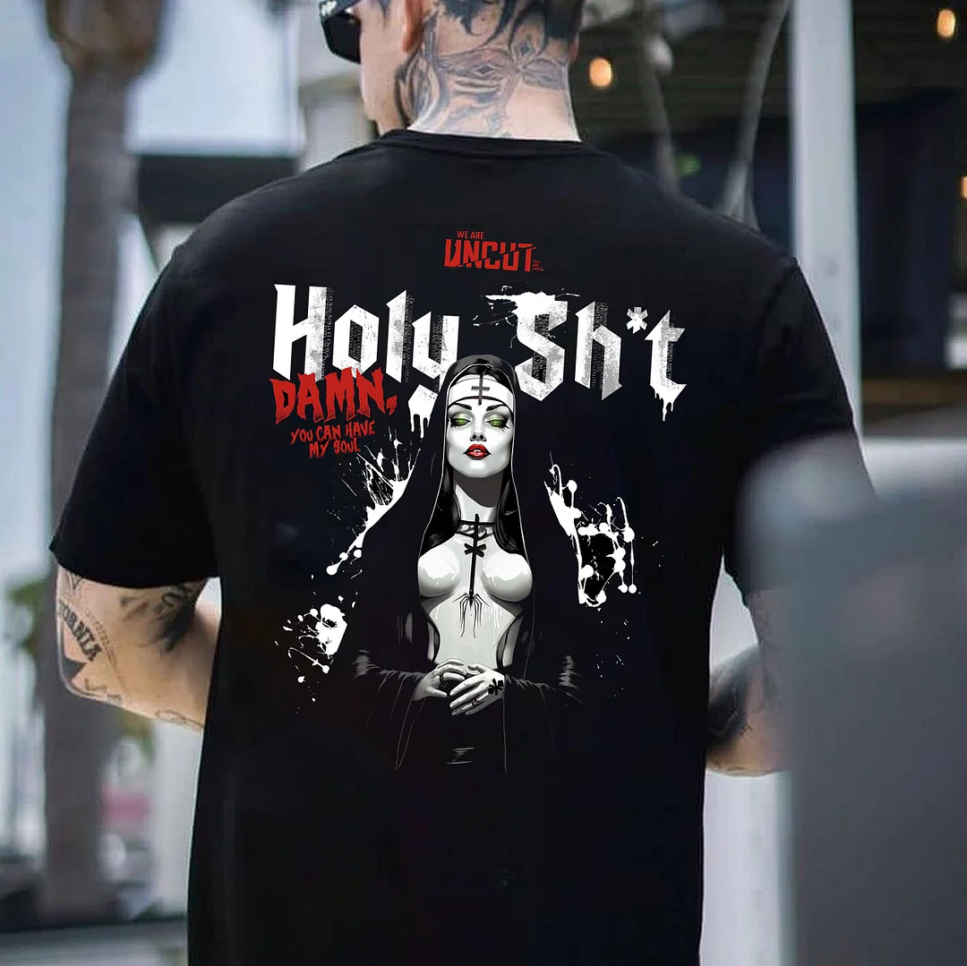 HOLY SH*T Sexy Nun with Naked Boobs Black Print T-shirt