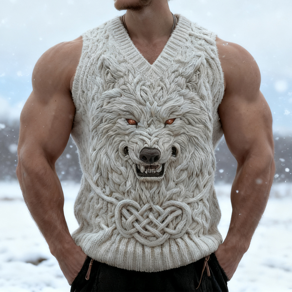 Men's Viking Celtic Wolf Pattern Cozy Knit Sweater Vest