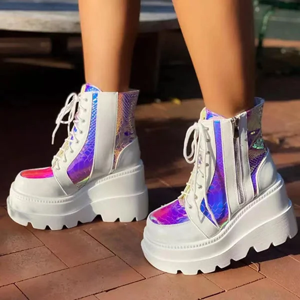 HUXM Fashion Multicolor Zip Platform Wedge Boots