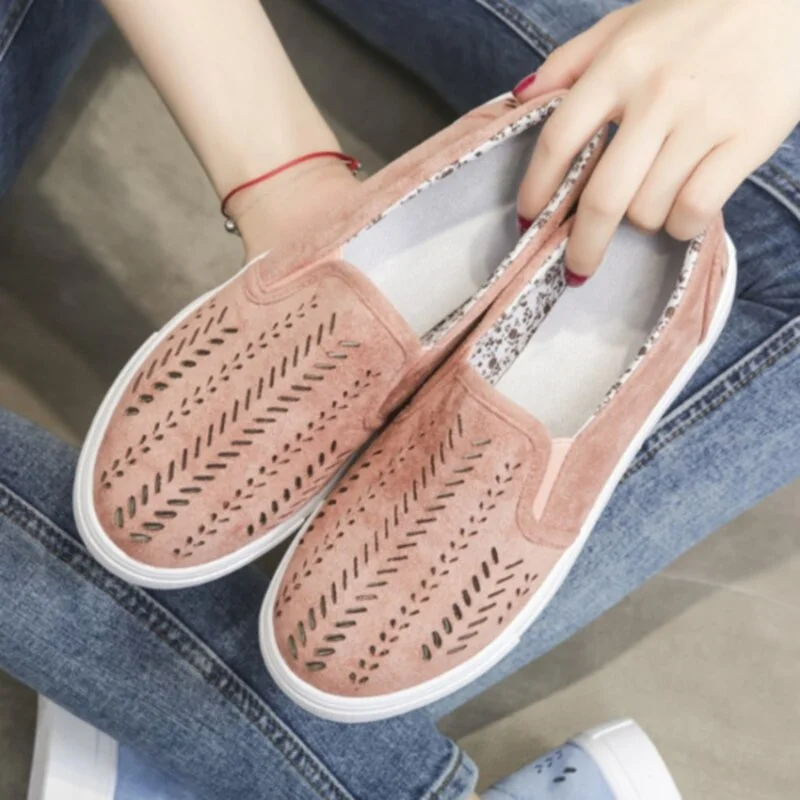 Women Slip-on Sneakers Shallow Loafers Vulcanized Shoes Breathable Hollow Out Casual Shoes Ladies