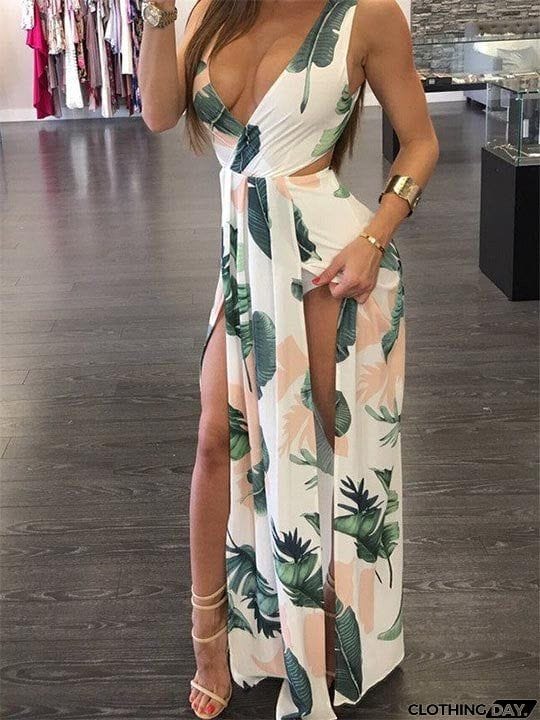 Deep V Plunge Leaves Print Maxi Dress