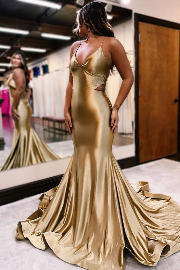 Chic Gold Spaghetti-Straps V-Neck Sleeveless Mermaid Evening Gown Long - lulusllly