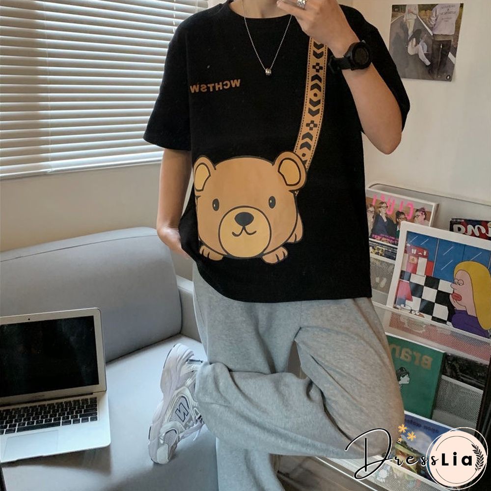 Harajuku Print O Neck Cotton Short Sleeve T Shirt Women Summer New Korean Fashion Kawaii Clothes Top Bear Chic Tee Tshirts