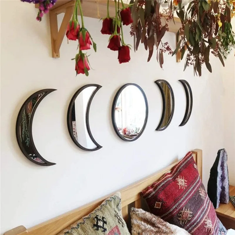 5 PCS Wooden Acrylic Moon Wall Decorative Mirror Moon Cycle Variation Decorative Wall Mirror Creative Bohemian Mirror 124
